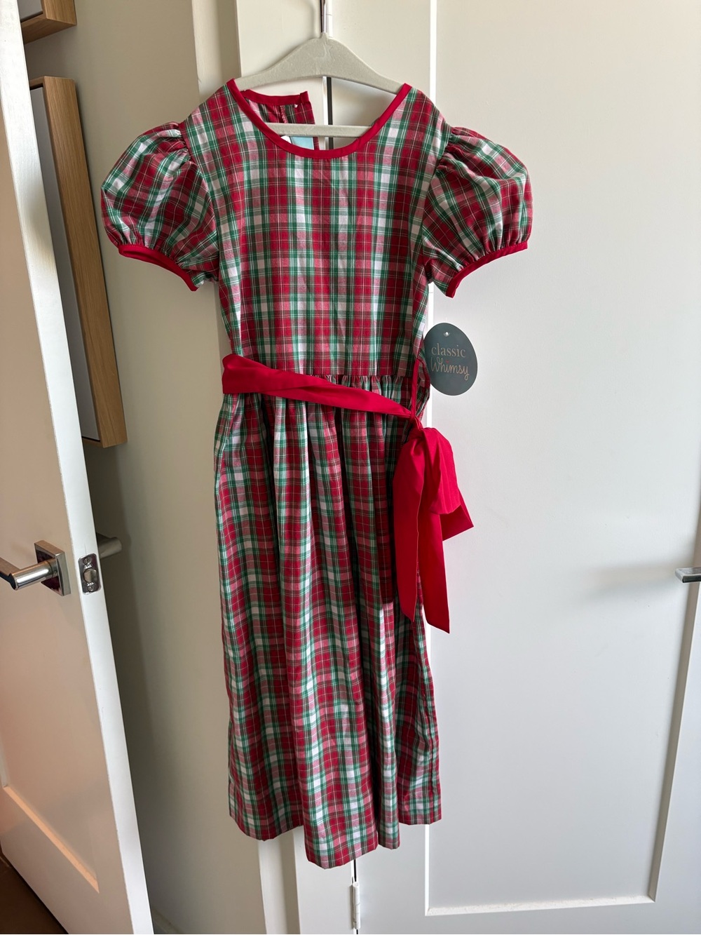 Classic Whimsy Red and Green Plaid Holiday Dress with Red Sash